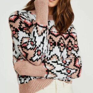 Ann Taylor Aztec Geometric Print Sweater Pink Nude Block Small Like New